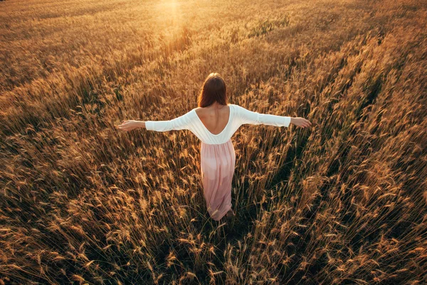 Schöne brünette Dame im Weizenfeld bei Sonnenuntergang — Stockfoto