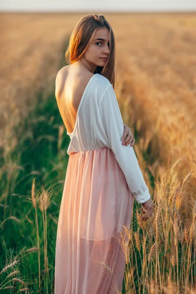 Vacker brunett dam i vete fält vid solnedgången — Stockfoto