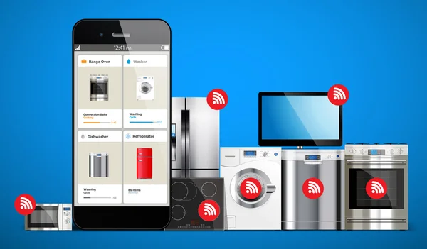 Sistema inteligente de control del hogar: cocina y electrodomésticos: microondas, lavadora, nevera, estufa de gas, lavavajillas, televisión administrada por teléfono celular — Vector de stock