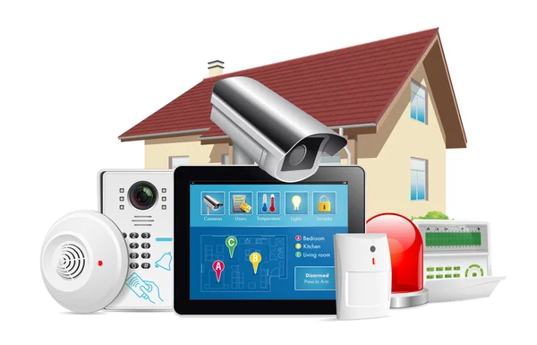 Home Security Systemkonzept - Bewegungsmelder, Gassensor, Videokamera, Alarmsirene — Stockvektor