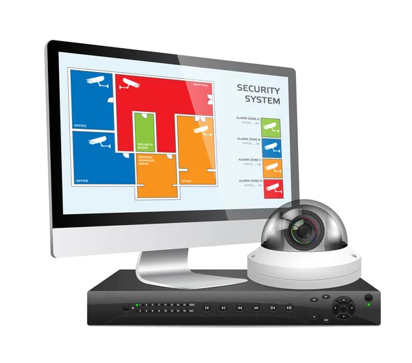 Caméra CCTV et DVR - enregistreur vidéo numérique - concept de système de sécurité — Image vectorielle