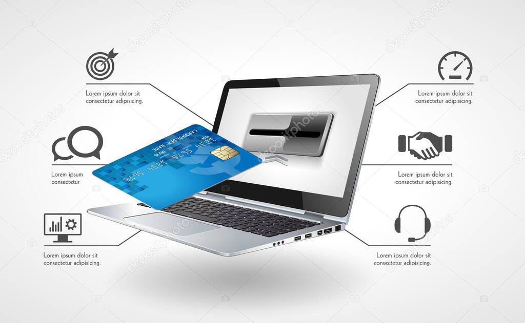 Online payment system - laptop with credit card as automated teller machine ATM
