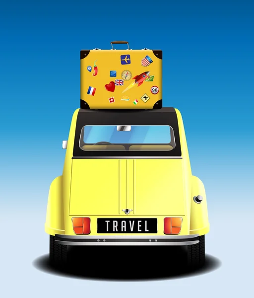 Voyage - voiture rétro jaune avec valise de voyage — Image vectorielle