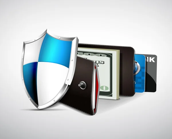 Portefeuille avec espèces, cartes de crédit et bouclier - concept d'entreprise de sécurité — Image vectorielle