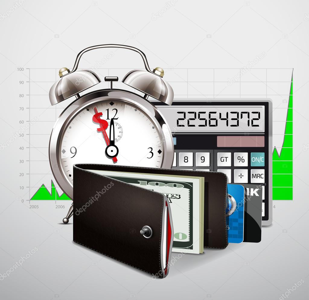 Wallet with cash, credit cards, calculator and alarm clock on graph background