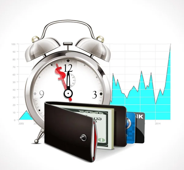 Tijd voor business - wekker en portemonnee op grafiek achtergrond — Stockvector