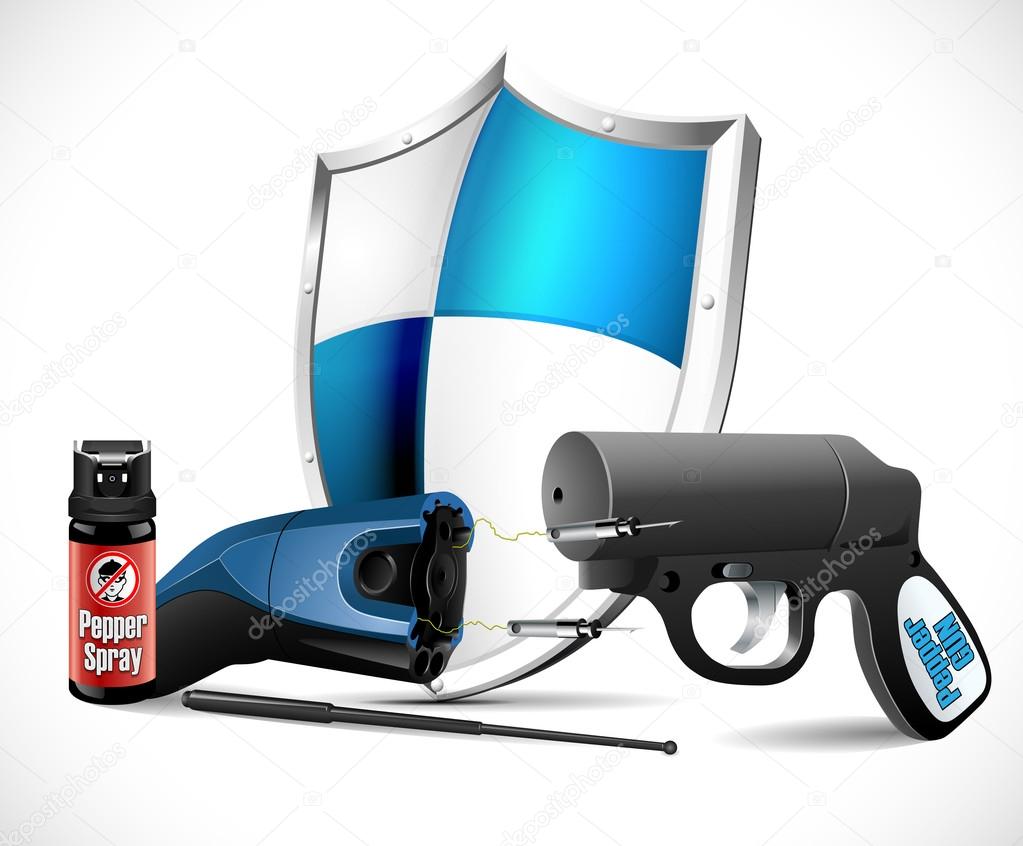 Armi di autodifesa taser, spray al peperoncino e pistola al peperoncino -  Vettoriale Stock di ©kosecki 99824832