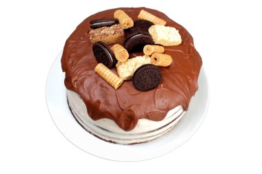 Sütlü çikolata ile sırlı ve waffle ve Çerezler, beyaz tabakta süslenmiş kek,