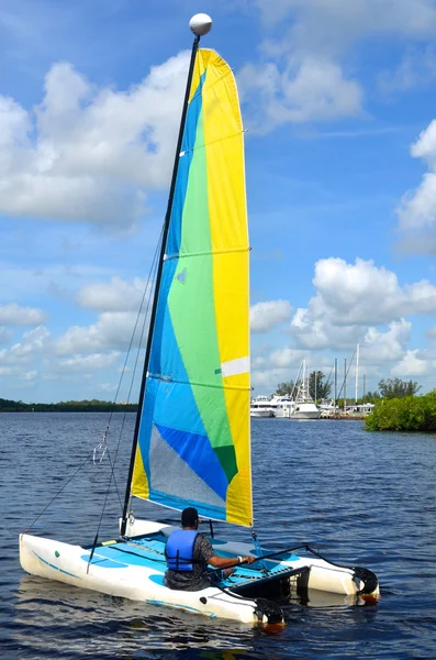 Petit catamaran avec voile bleue, chaux et jaune — Photo