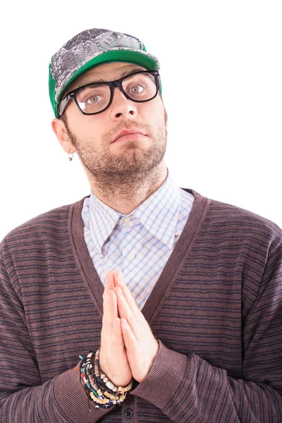 Praying handsome bearded guy — Stock Photo, Image