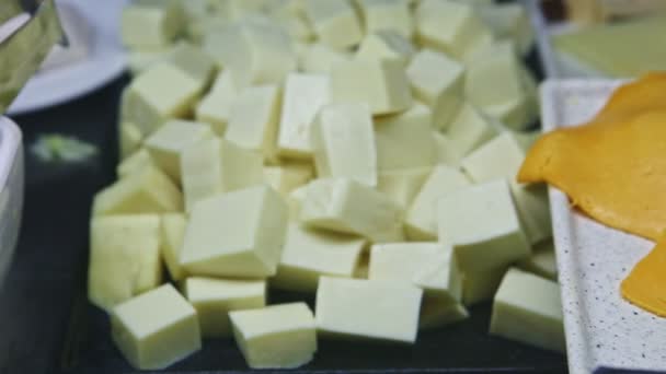 Vista close-up em sortimento com diferentes tipos de fatias de queijo na praça de alimentação — Vídeo de Stock