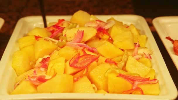 Vista de close-up em pedaços de batata cozidos servidos com fatias de tomate e cebola — Vídeo de Stock