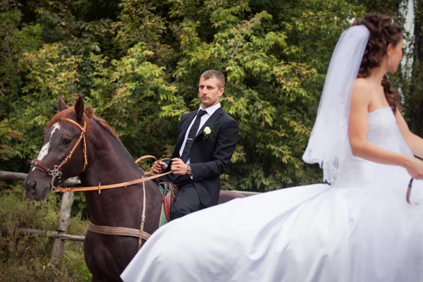 Pareja de boda a caballo — Foto de Stock