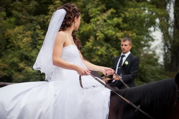 Casal de casamento em cavalos — Fotografia de Stock