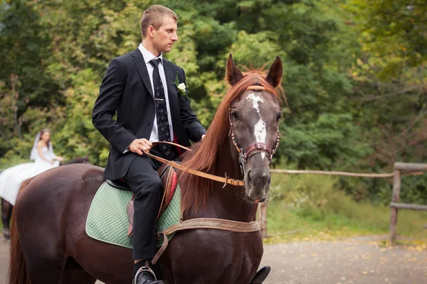 Brudgummen på häst — Stockfoto