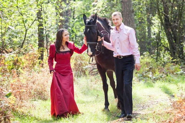 Casal feliz e cavalo — Fotografia de Stock