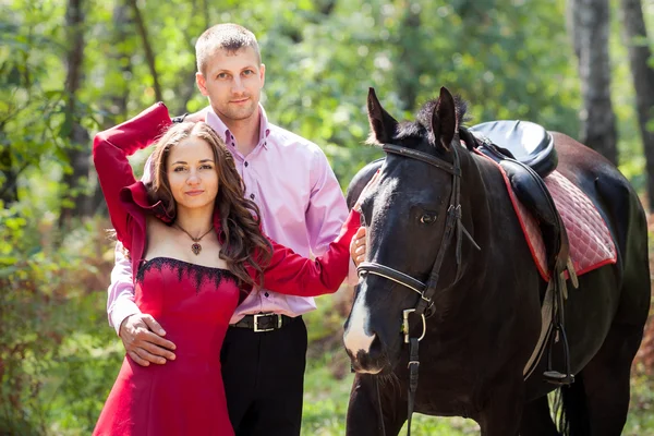 Boldog pár és a ló — Stock Fotó