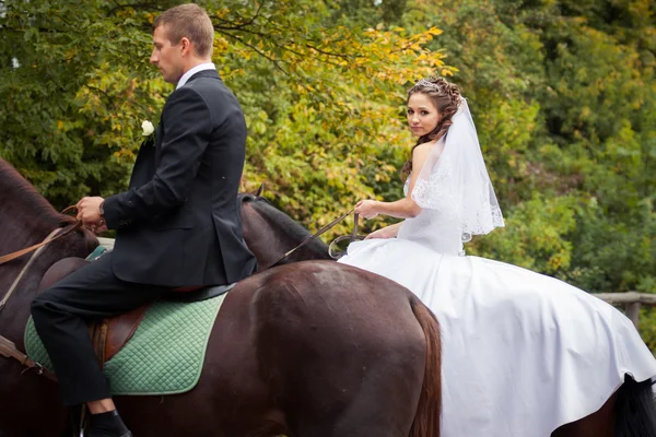 Pareja de boda a caballo — Foto de Stock