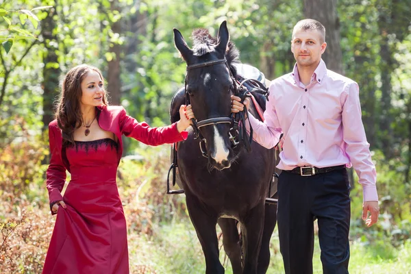 Casal feliz e cavalo — Fotografia de Stock