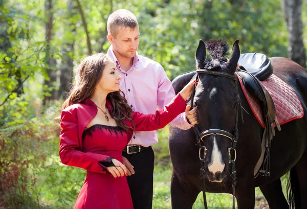 Feliz pareja y caballo —  Fotos de Stock