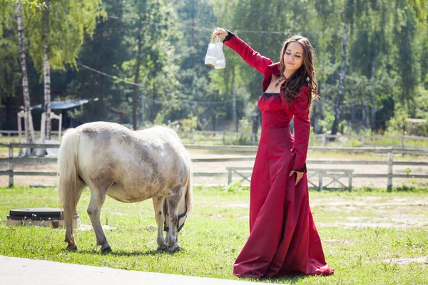 Brunett tjej och häst — Stockfoto