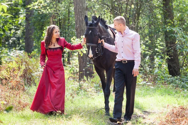 Casal feliz e cavalo — Fotografia de Stock