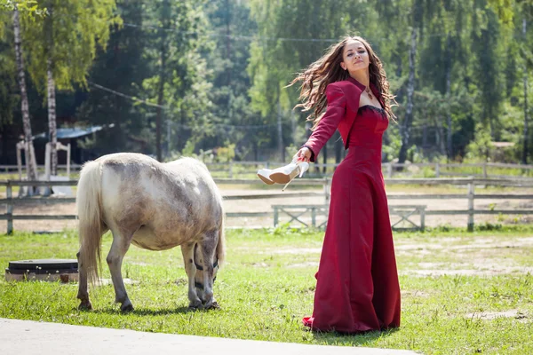 Bruneta dívka a kůň — Stock fotografie