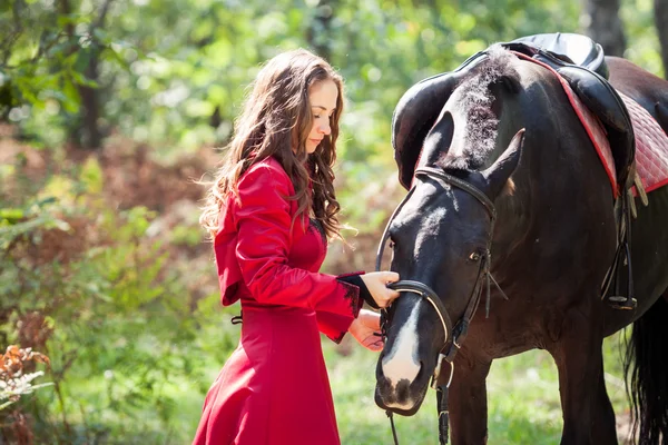 Bruneta dívka a kůň — Stock fotografie