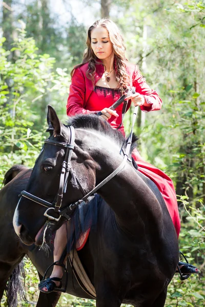 Brunette meisje op paard — Stockfoto