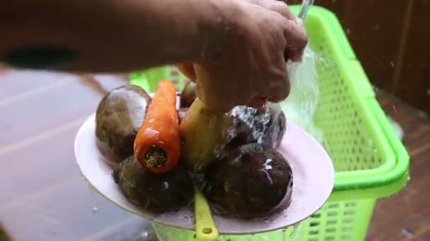 Мужские руки мыть овощи — стоковое видео