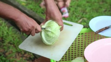 Bıçak kesim lahana ile el