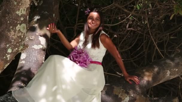 Sposa in abito da sposa seduta sull'albero — Video Stock