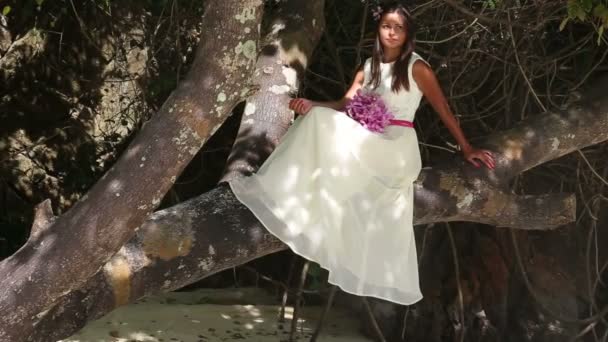 Невеста в свадебном платье сидит на дереве — стоковое видео