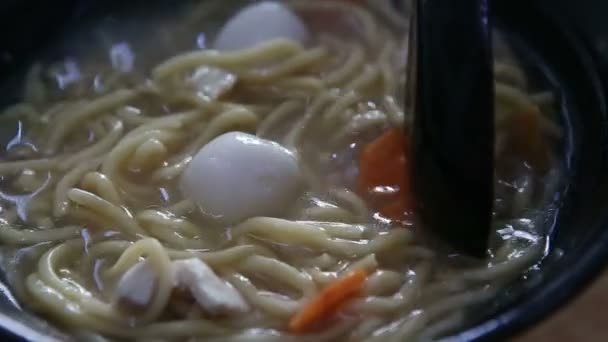 Sopa de fideos con bolas de pescado — Vídeo de stock