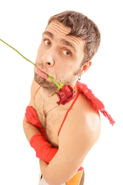 Young man red rose hold in mouth — Stock Photo, Image