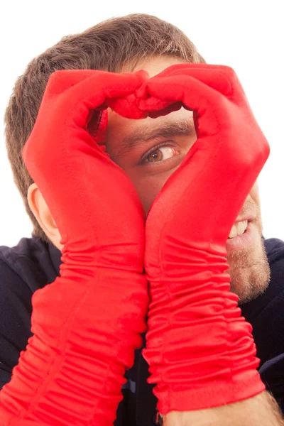 Hombre guapo en guantes rojos — Foto de Stock