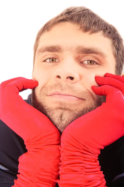 Bel homme avec des gants rouges — Photo