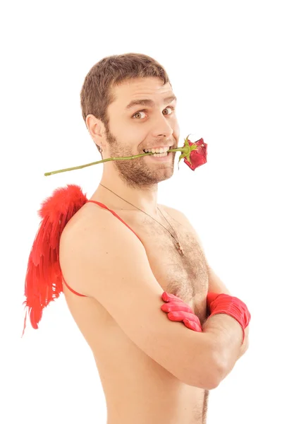 Young man red rose hold in mouth — Stock Photo, Image