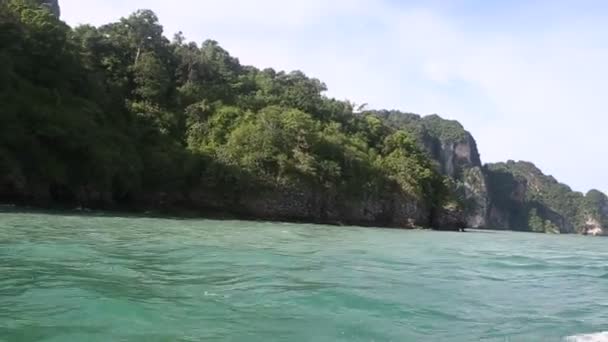 Barco a motor flotar más allá de la selva — Vídeo de stock