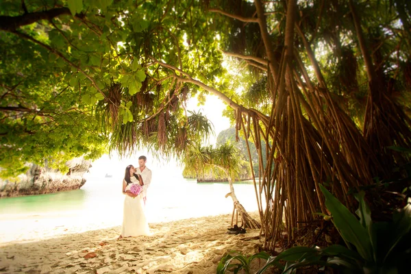 Sposo con sposa sulla spiaggia dell'isola — Foto Stock