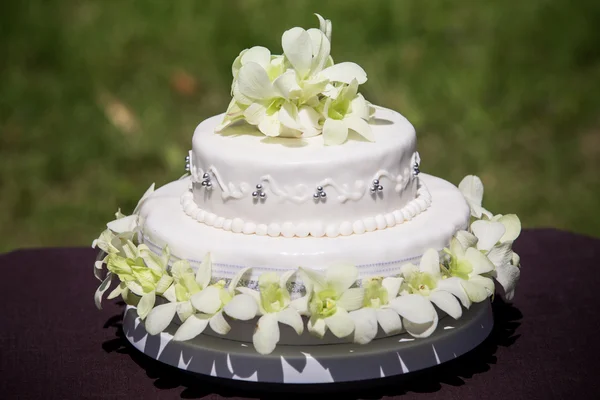 Große Hochzeitstorte mit weißen Orchideen — Stockfoto