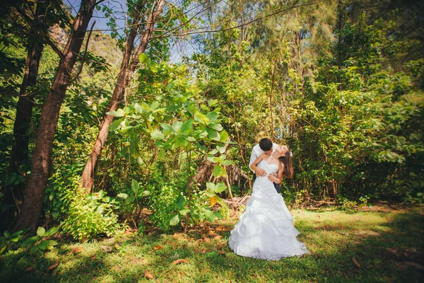 Bruid en knappe bruidegom omarmen — Stockfoto