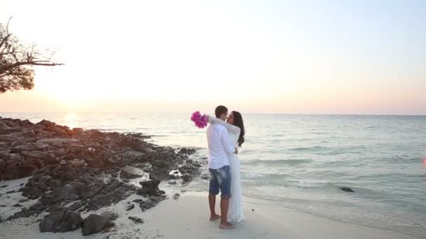 Brunette bride and  groom  at beach — Stock Video