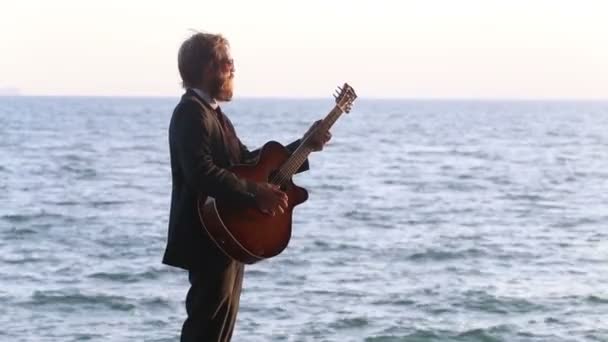 Guitariste barbu contre mer — Video