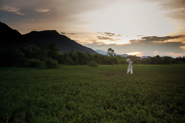 Blonde girl in Vietnamese dress backside view on field — Stockfoto