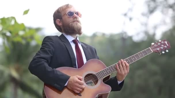 Romantischer Gitarrist spielt Musik — Stockvideo