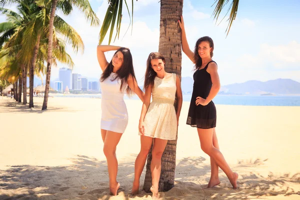 Three brunette slim girls boarefoot stand on beach — стоковое фото