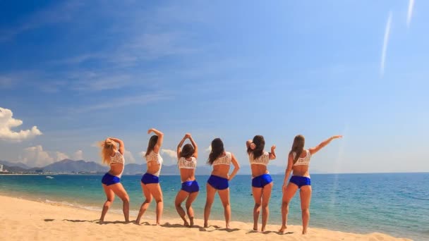 Šťastný roztleskávačky na pláži — Stock video