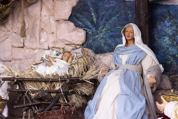 Nativity Scene Beautiful Statues Virgin Mary Baby Jesus Manger Christmas — Stock Photo, Image