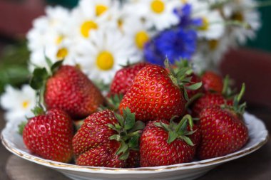 Yaz çiçekleri, papatya çiçekleri ve bir tabakta çilek. Çiçekler ve meyveler, arka plan